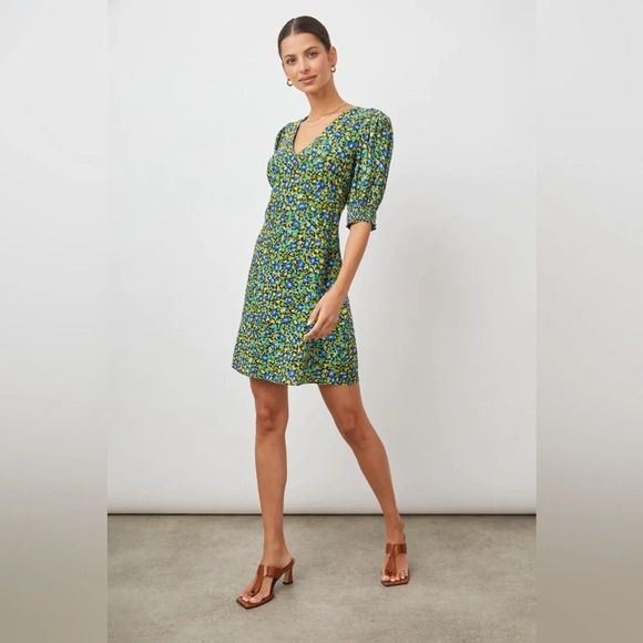 NWOT Rails Roma Mini Dress Abstract Garden Floral Green V-neck Puff Sleeves - Picture 2 of 13